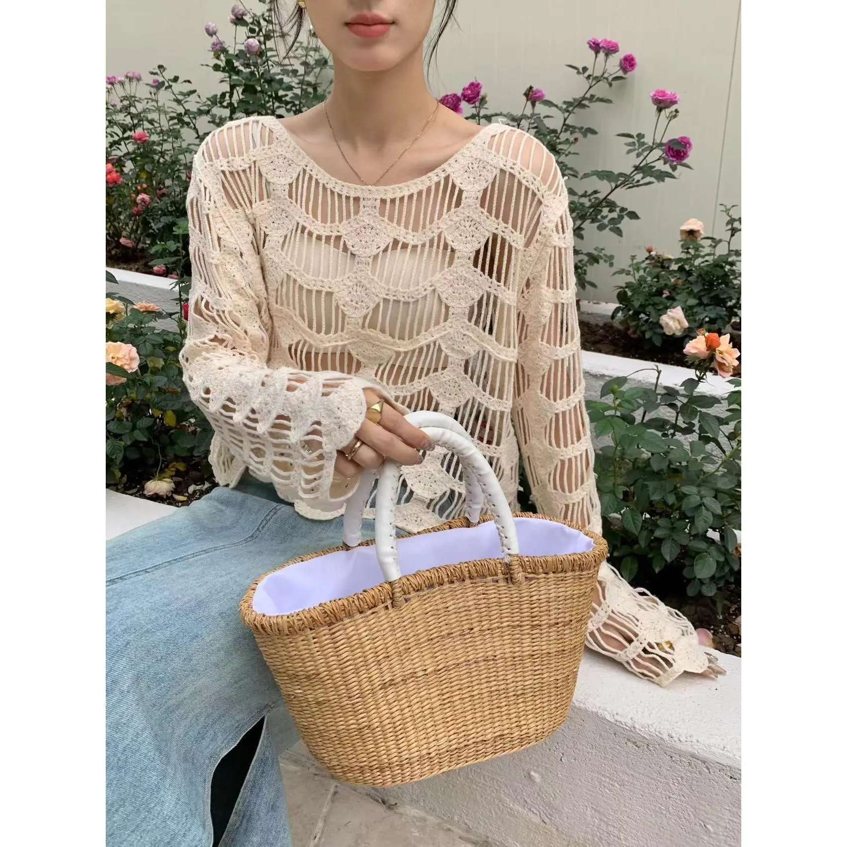 Long Sleeve Crochet Top Sheer Openwork Knit Sweater Crop Hollow Out Pullover for Women Spring Summer Boho Vacation Beach Outfit
