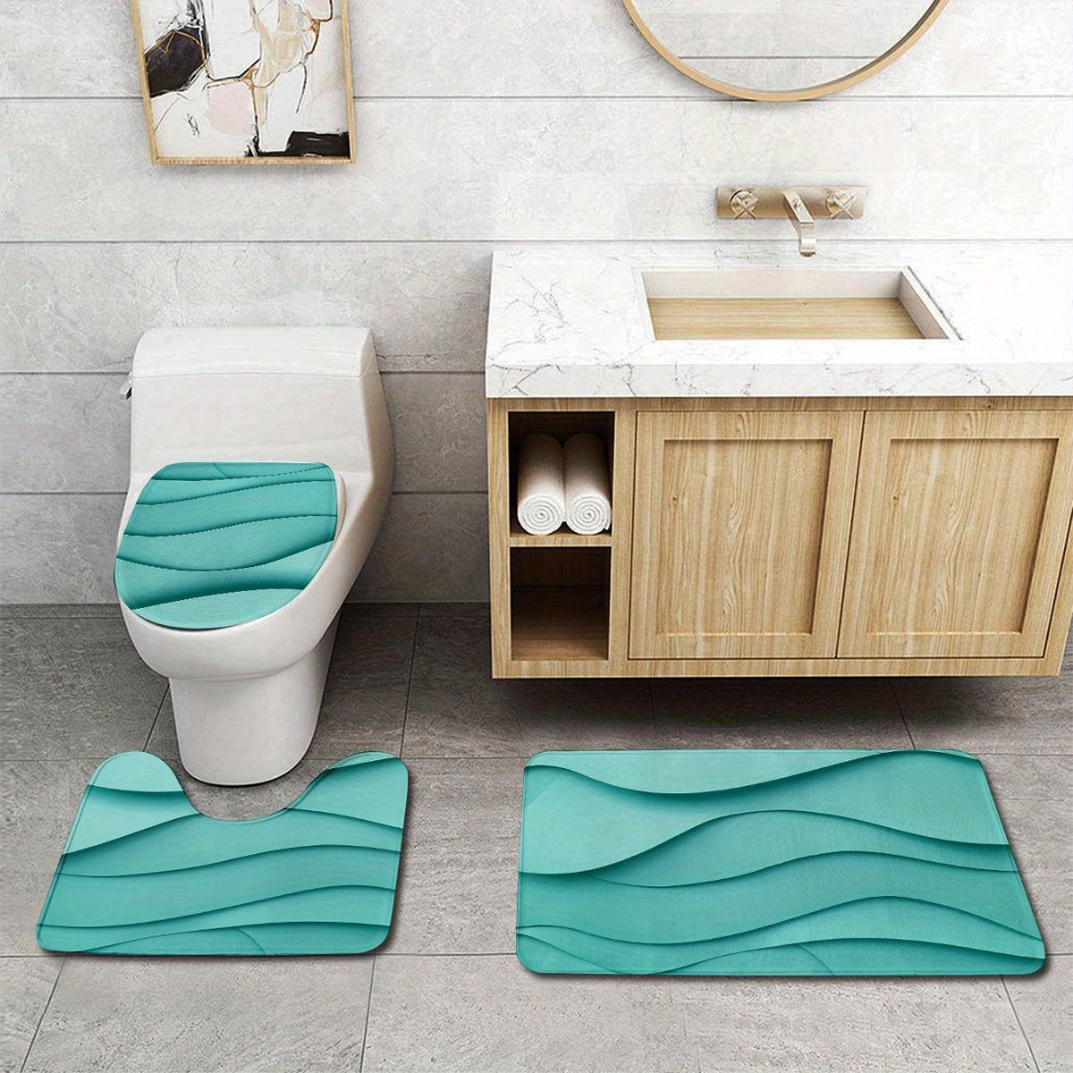 3pcs Green 3D Wave Pattern Bathroom Mat Set, Soft Flannel, Toilet Lid Cover, U-Shaped Toilet Mat, 100% Polyester, Modern Design, Home Bathroom Decor, Stylish Bathroom Accessory, Bathroom Rug Se