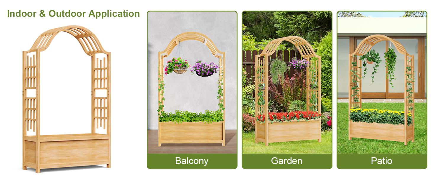 Lilypelle 63" Raised Garden Bed, Wooden Planter Box w/Hanging Roof & Drainage Holes, Indoor Outdoor Elevated Planter for Vine, Climbing Plants, Flower