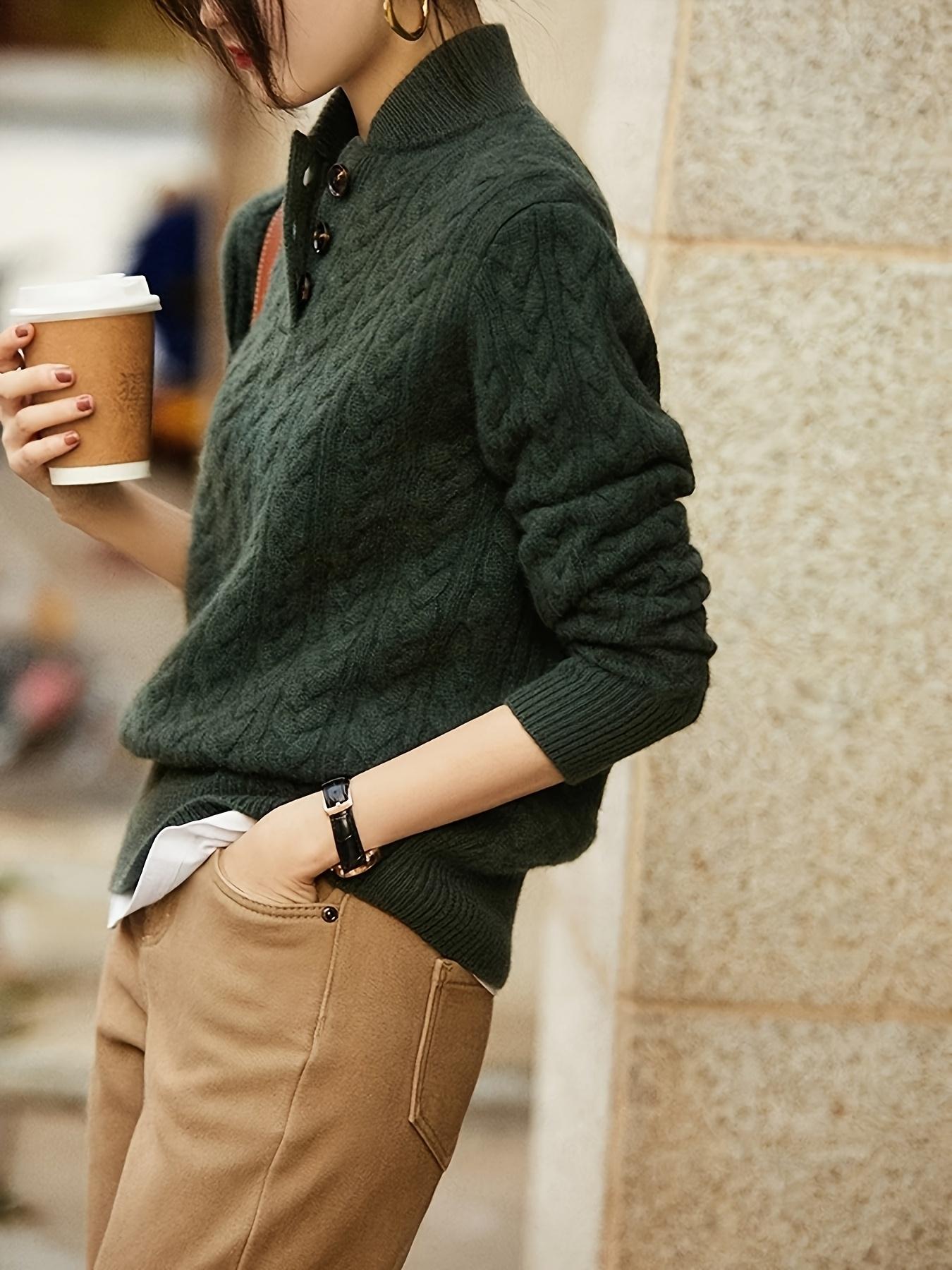 Vintage Knit Sweater for Women, Half-Open Neck Design, Button Detailing, Perfect for Fall & Winter, Versatile Fashion Piece, Knitwear