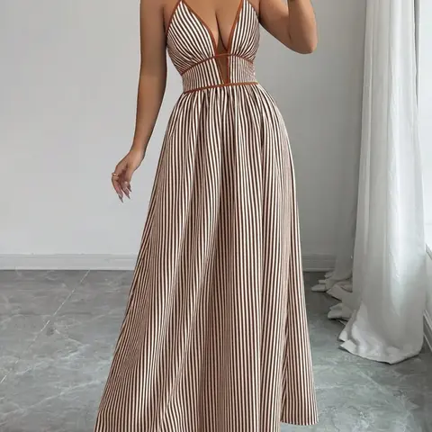 Striped Deep V Neck Long Dress, Casual Wear Backless Waist Cinch Summer Beach Vacation Style, Beach Holiday Dresses, Sandals Skirt, Perfect for Coastal Getaways