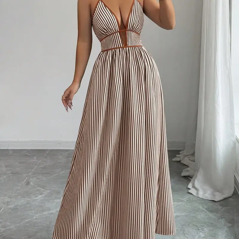 Striped Deep V Neck Long Dress, Casual Wear Backless Waist Cinch Summer Beach Vacation Style, Beach Holiday Dresses, Sandals Skirt, Perfect for Coastal Getaways