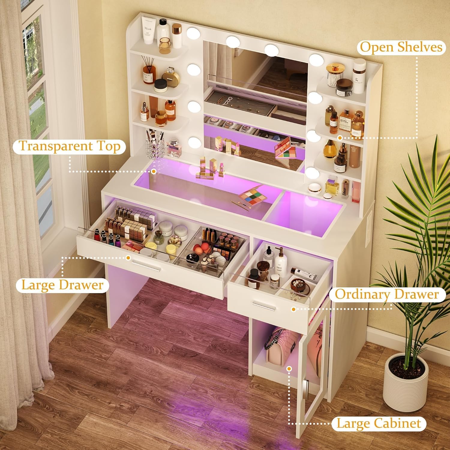 【Summergarden】White Makeup Vanity Desk with Lighted Mirror - 3-Color Multi-Light, Transparent Top, 2 RGB Drawers, 6 Shelves, Large Tempered Cabinet, Power Outlet - Standable Mirrored RGB Makeup Vanity for Bedroom, Rgb Makeup Vanities