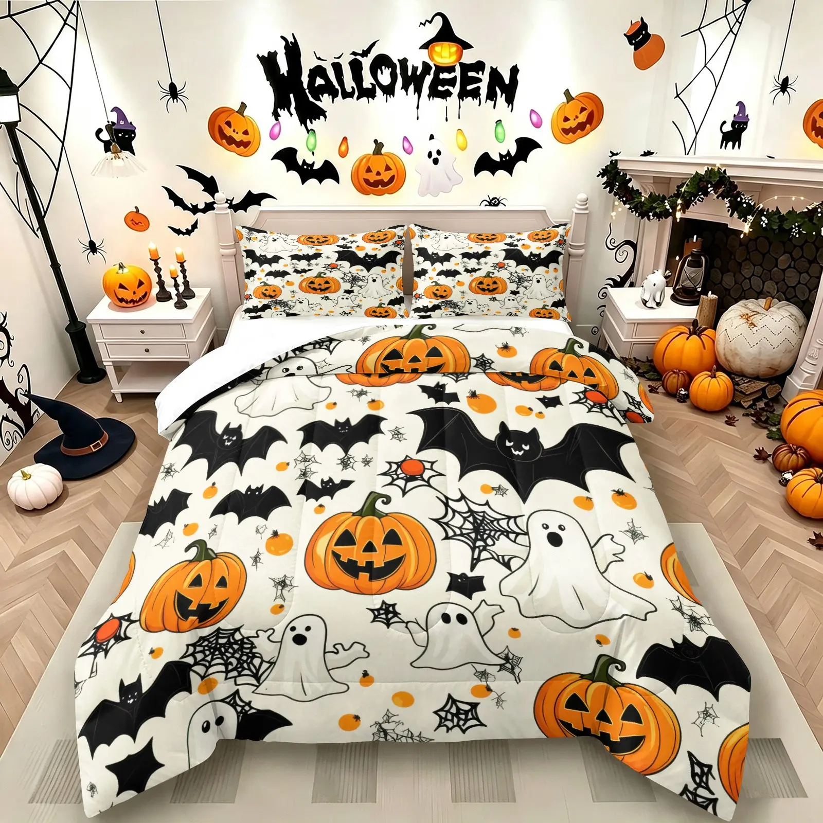 Cute Cartoon Halloween Print Comforter Set, Includes 1 Comforter and 1-2 Pillowcases, Ghost Pumpkin Bat Spider Web Pattern Print, Gift for Kids, Teens and Adults, Halloween Party Gifts, Essential for Spooky Season Bedroom