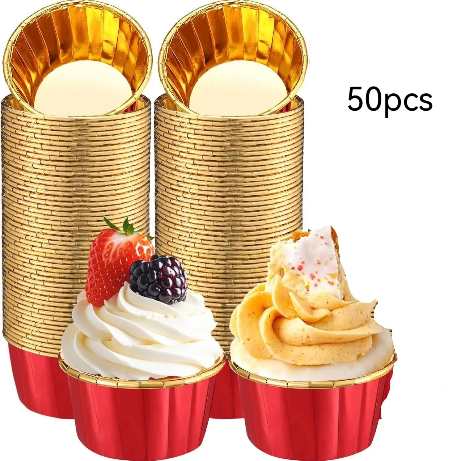 50pcs Fiery Red Gold Cupcake Liners Bulk Disposable Foil Muffin Cups 3.5 oz Wrappers for Baking Aluminum Paper Mini Metallic Disposable Holiday Party Wedding Festival Supply Baking Supplies