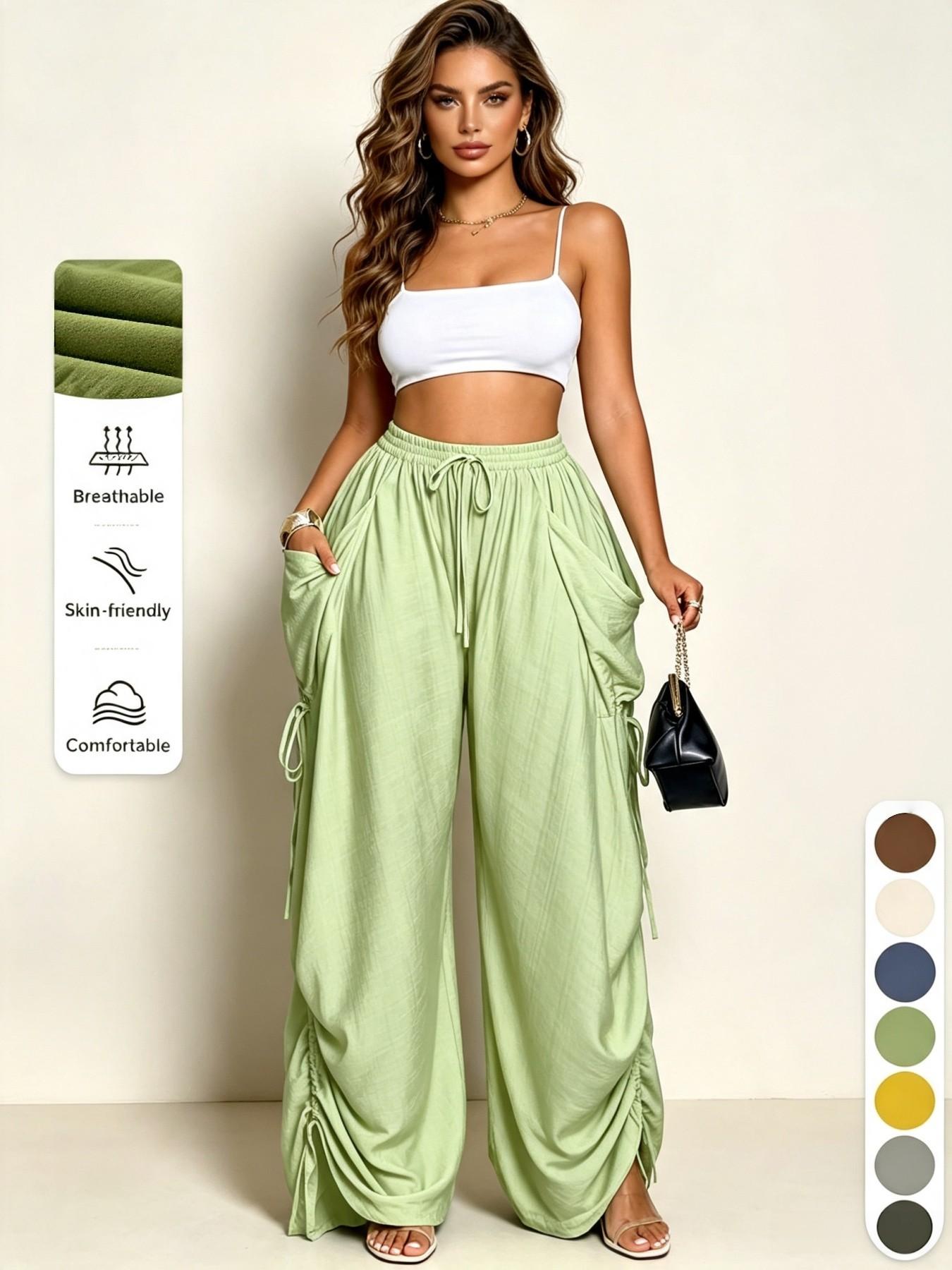 High-Waisted Drawstring Straight-Leg Pants for Women, Casual Comfortable Home Wear, Spring & Fall Fashion, Plain Pattern, Multiple Colors Available