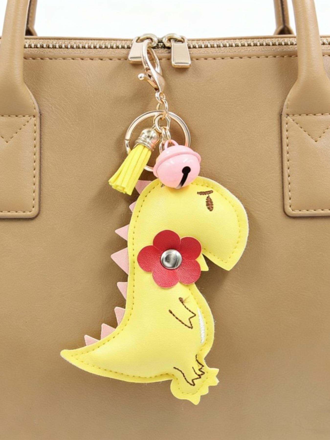 Dinosaur Keychain, Beautiful Colors and Flower Design, Elegant PU Leather, Cute Bag Keychain, Ideal Gift for Women, Handmade Assembly