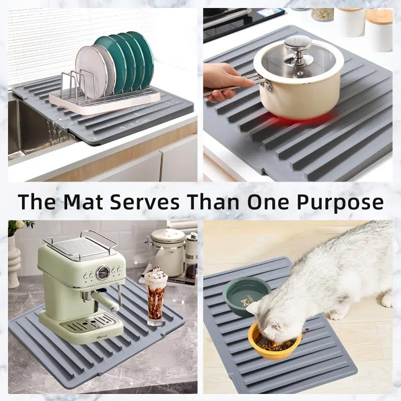 Thickened silicone kitchen draining mat, non-slip, heat-resistant, waterproof sink countertop draining mat, with drainage grooves, easy-to-clean and roll-up dish drying mat, protects dishes, plates, and countertops