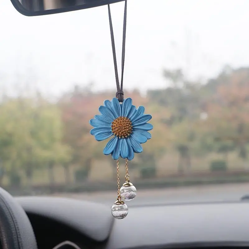 Sunflower Daisy Car Rearview Mirror Hanging Charm, Cute Handmade Floral Car Ornament, Aesthetic Boho Sunny Vibe Car Interior Decor Accessory for Women