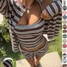 Striped Knit Women's Casual Striped Tank Top Jacket Shorts Set, Y2K Sweet Style, Streetwear Lounge, Ladies Three-Piece Ensemble