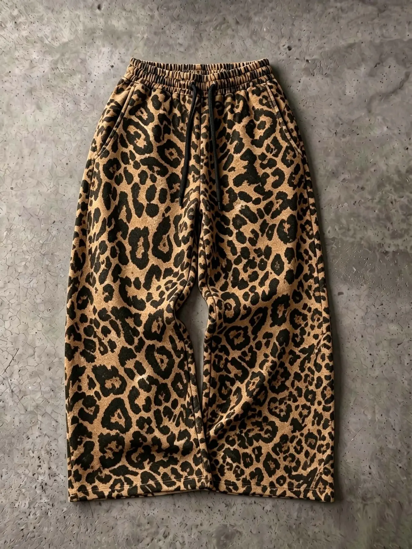 Men's Brown Black Allover Leopard Print Elastic Waist White Drawstring Side Pocket Wide Leg Sweatpants, Loose Fit Vintage Street Y2K Style Casual Daily Bottoms Streetwear