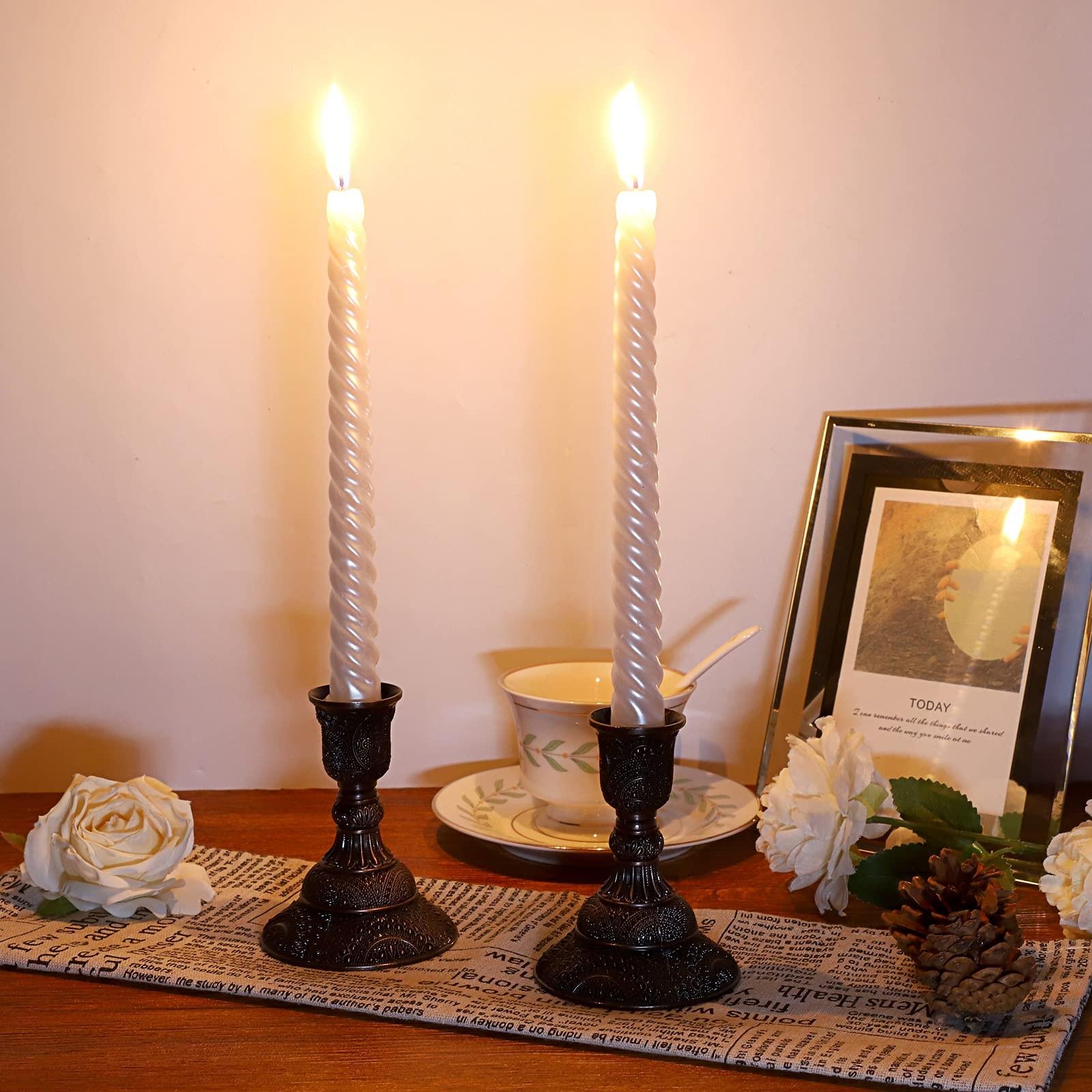 Set of 2 Vintage European Candle Holders - 3.9" Tall Metal Candlesticks with Exquisite Relief Patterns, Red/ Green Bronze/ Gold/ Silver/ Rose Gold Candelabra Table Centerpieces for Wedding Dining Home Decor