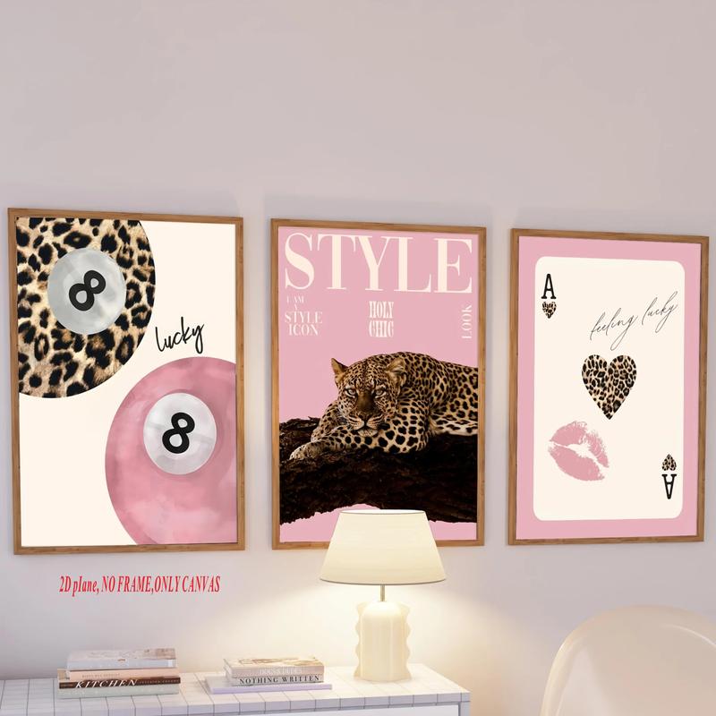 3-Piece Set, Fashionable Leopard Print with Cheetah Canvas Artwork, Pink Girls' Lucky 8 Ball Wall Art Poster, Modern Living Room Home Decor Gift, Frameless Canvas Print, 2D Flat Artwork