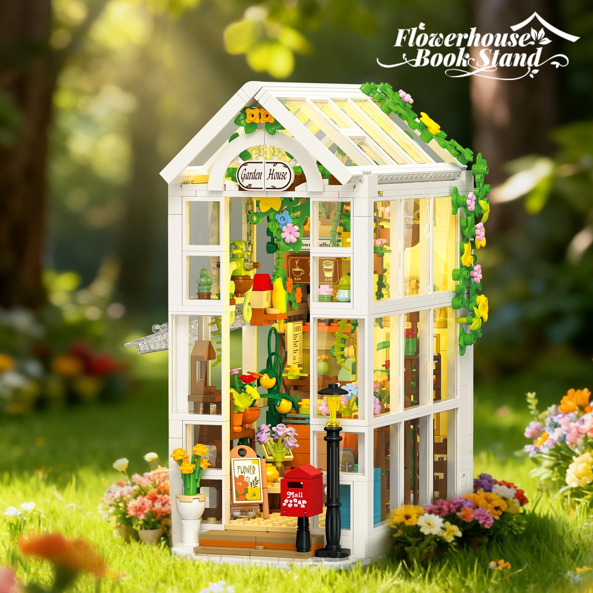 Jx Building Blocks Flower House Greenhouse Book Stand, Miniature Lighted Home Desktop Decor, Kids DIY Craft Toy (with Lights, 919pcs)