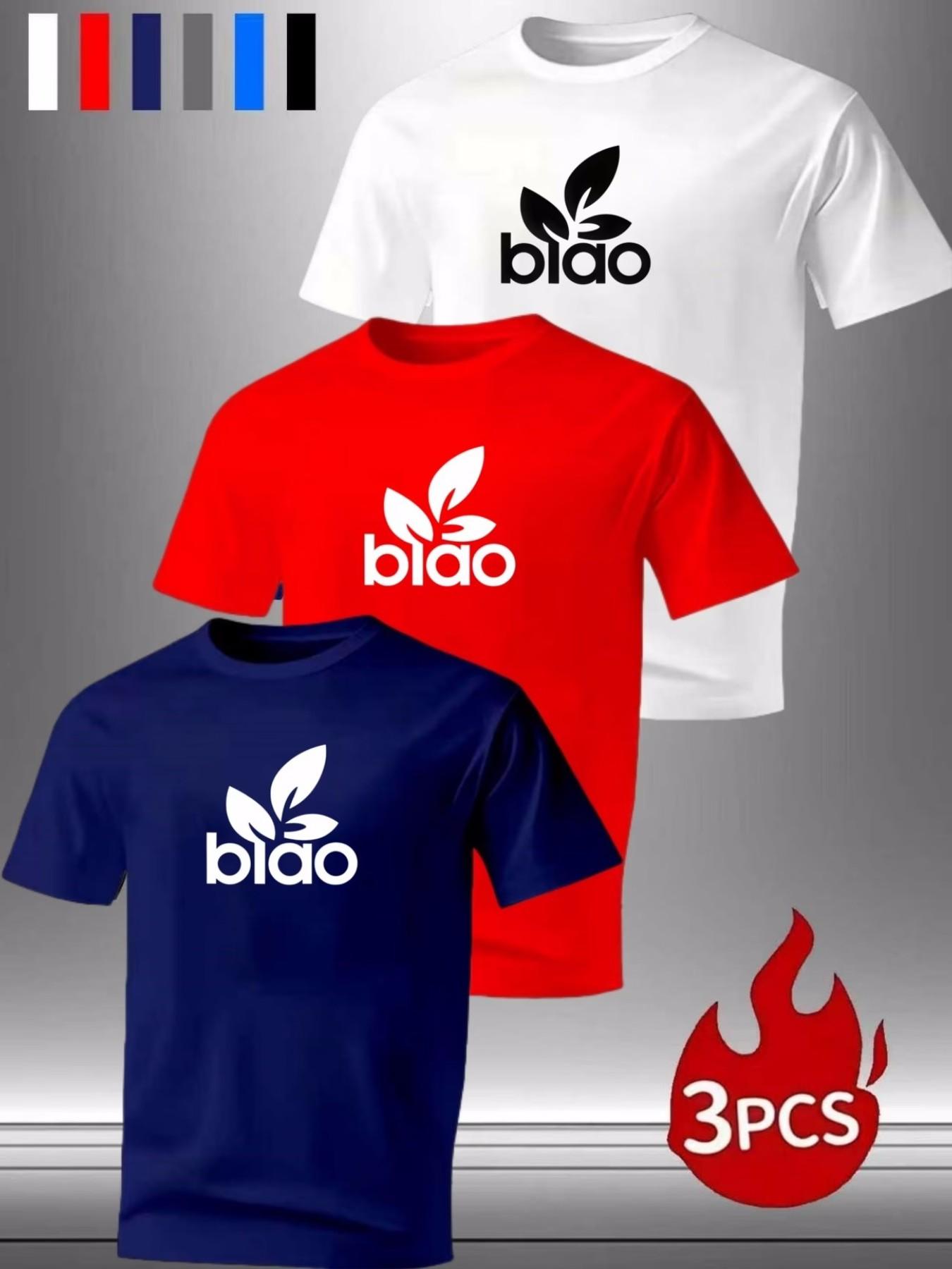 3-Pack Men's "biao" Leaf Logo Crewneck T-Shirts, Casual Short Sleeve Tops for Everyday & Streetwear
