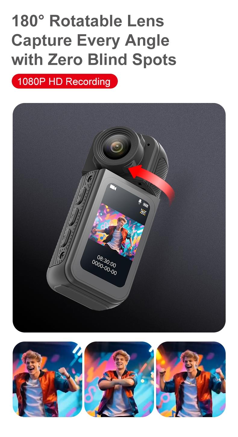 WIXUN-1080P mini magnetic thumb sports camera, 180 ° rotating camera, 1.47-inch IPS high-definition display screen, equipped with 16GB TF card, suitable for daily photography/videography, outdoor activities, law enforcement scenes