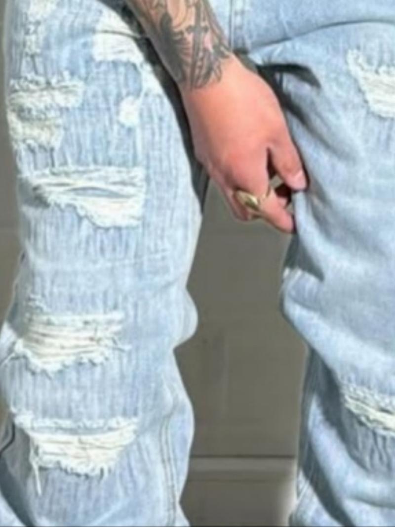 Men's Y2K Korean Style Hip-Hop High Street Ripped Washed Denim Jeans, Loose Casual Trendy Wide Leg Long Pants with Pockets