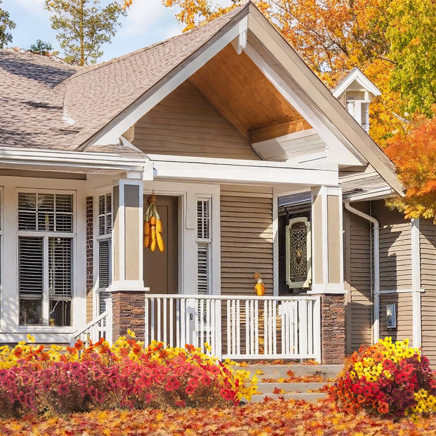 12 Bundles UV Resistant Artificial Fall Flowers for Outdoor - No Maintenance Thanksgiving Decor with Orange Blooms, Faux Silk & Plastic Plants, Fake Flower Plants for Porch, Yard (Fall Coffee Mix)