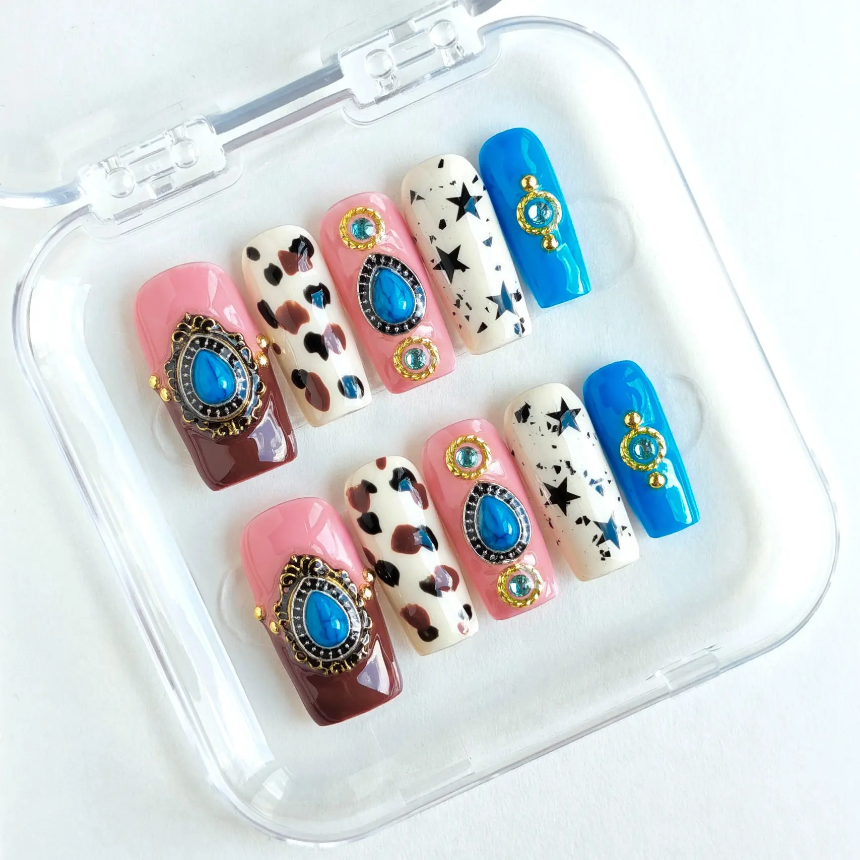 Western Cowboy Turquoise Press On Nails, Acrylic Nails, Long Square, 10pcs Handmade color block nails with cow print spots, black star prints & vintage gold frame turquoise charms, reusable fake nails for theme parties, street content shoots
