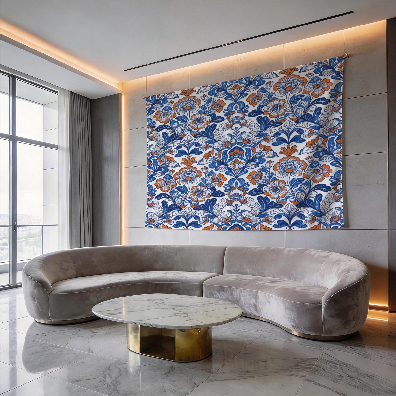 1 Piece Bohemian Blue Orange Floral Tapestry, HD Digital Printed Wall Hanging Tapestries, Aesthetic Boho Tapestry for Living Room Bedroom Dorm Home Decor