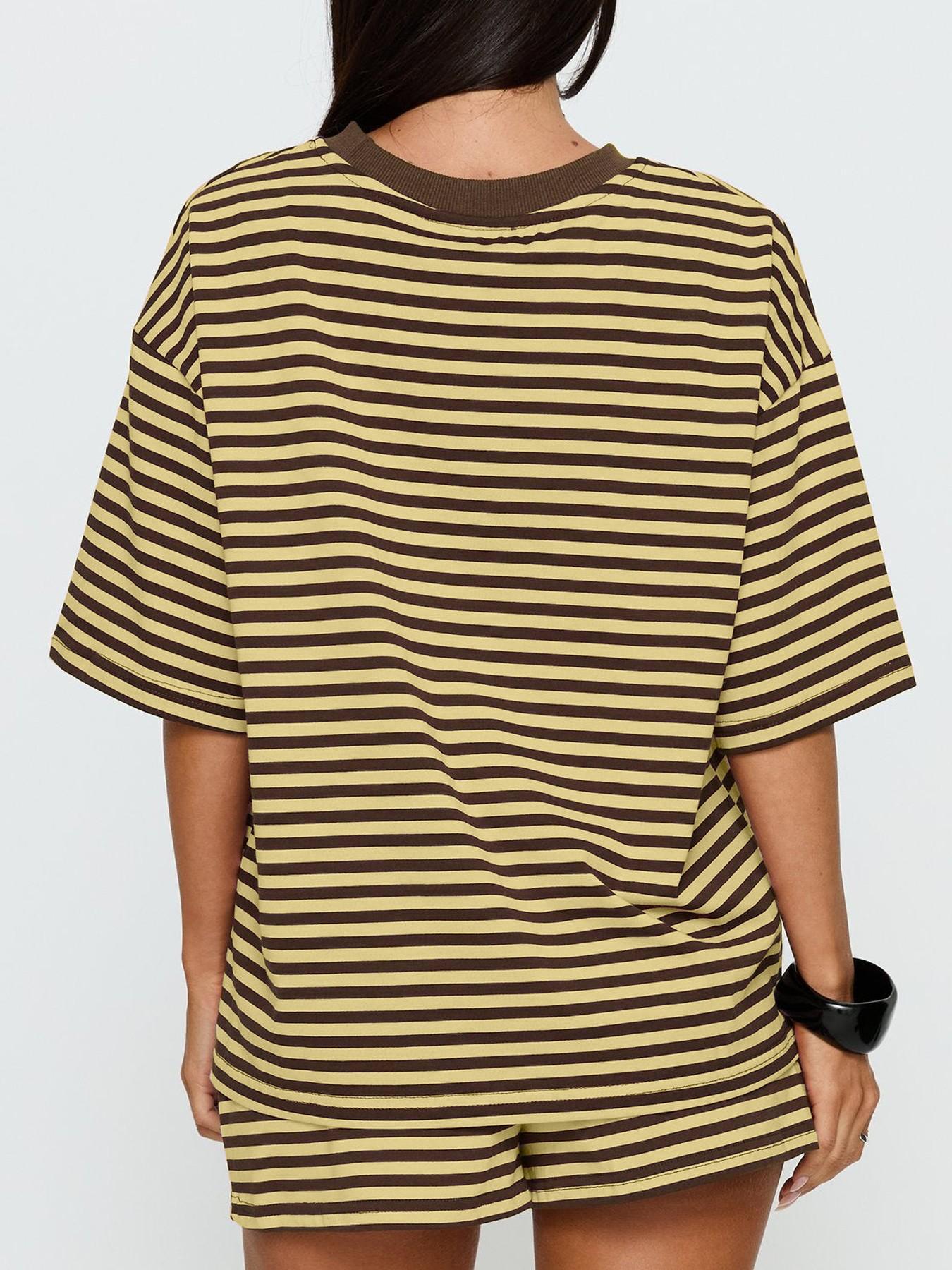 2 Spring Summer Striped Print 2 Piece Outfit Women Womenswear Clothes | Oversized T-Shirt + Drawstring Shorts | Soft Casual Lounge Set | Y2K Clean Girl Style for Daily Home Vacation Wear