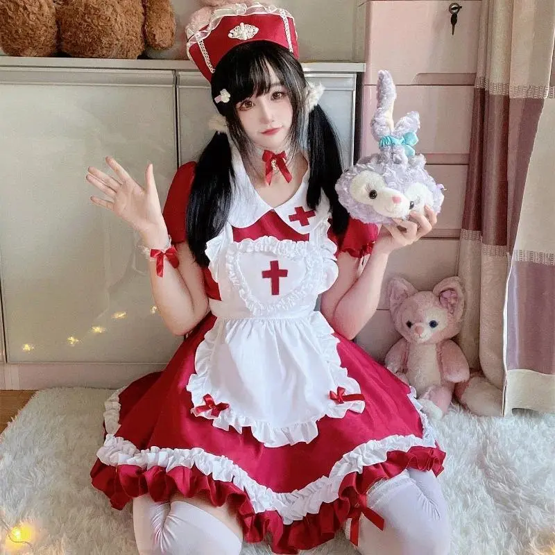 Japanese Lolita Dress Maid Cosplay Costume for Girl Women Anime Cute Maid Party Costumes Stage Cross Heart Wine Red Maid Dress