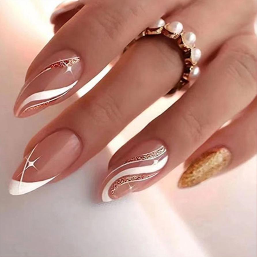 Stiletto Nail Art Set, Glossy Finish, Almond Shape, Medium Length, Clear Base Color, Easy Application, Perfect for Office & Parties
