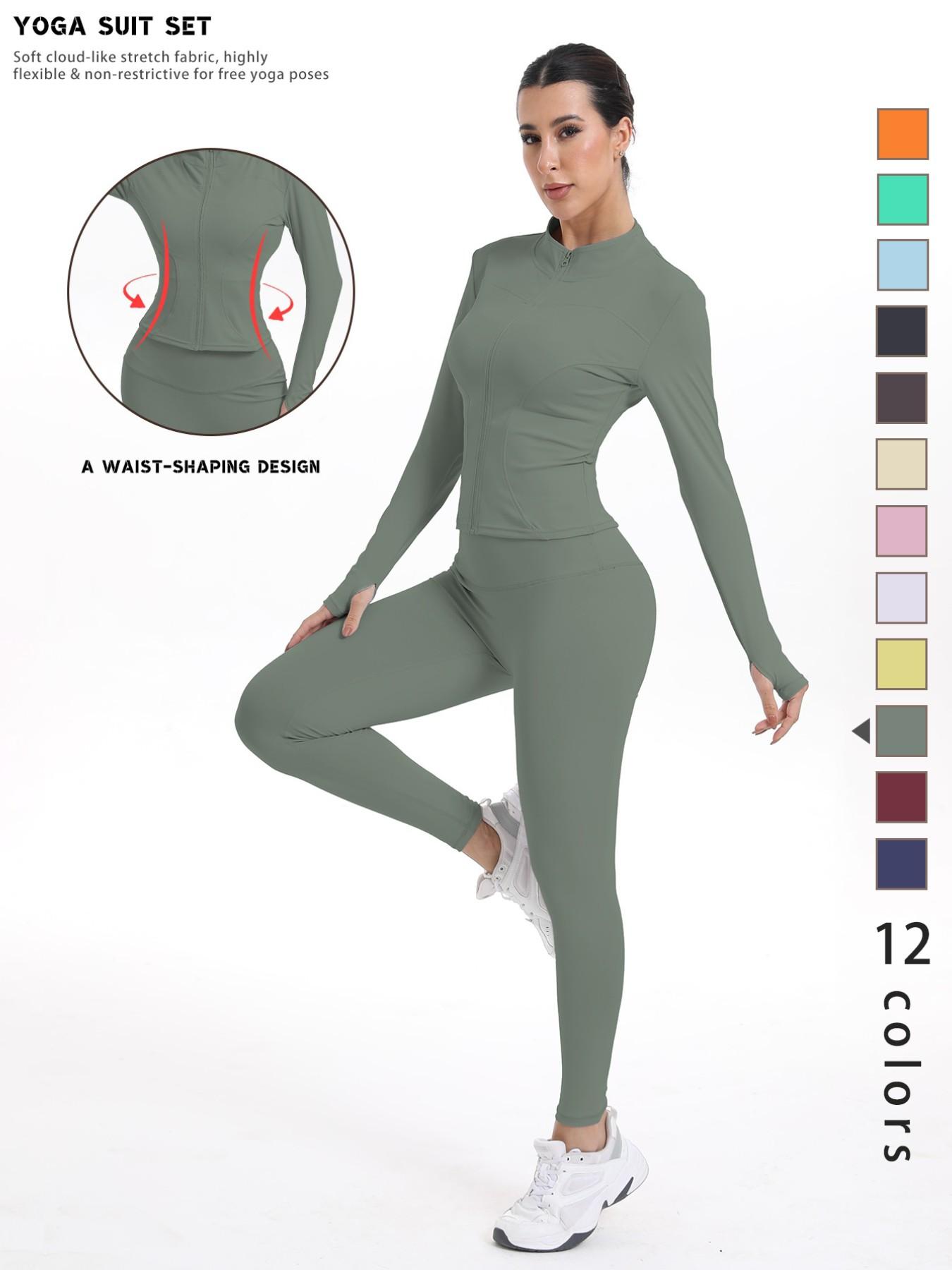 Women's Sporty Quick-Dry Two-Piece Set, New Fashion Slim Fit Yoga Pants, High Elasticity Long Sleeve Top, 12 Colors Available