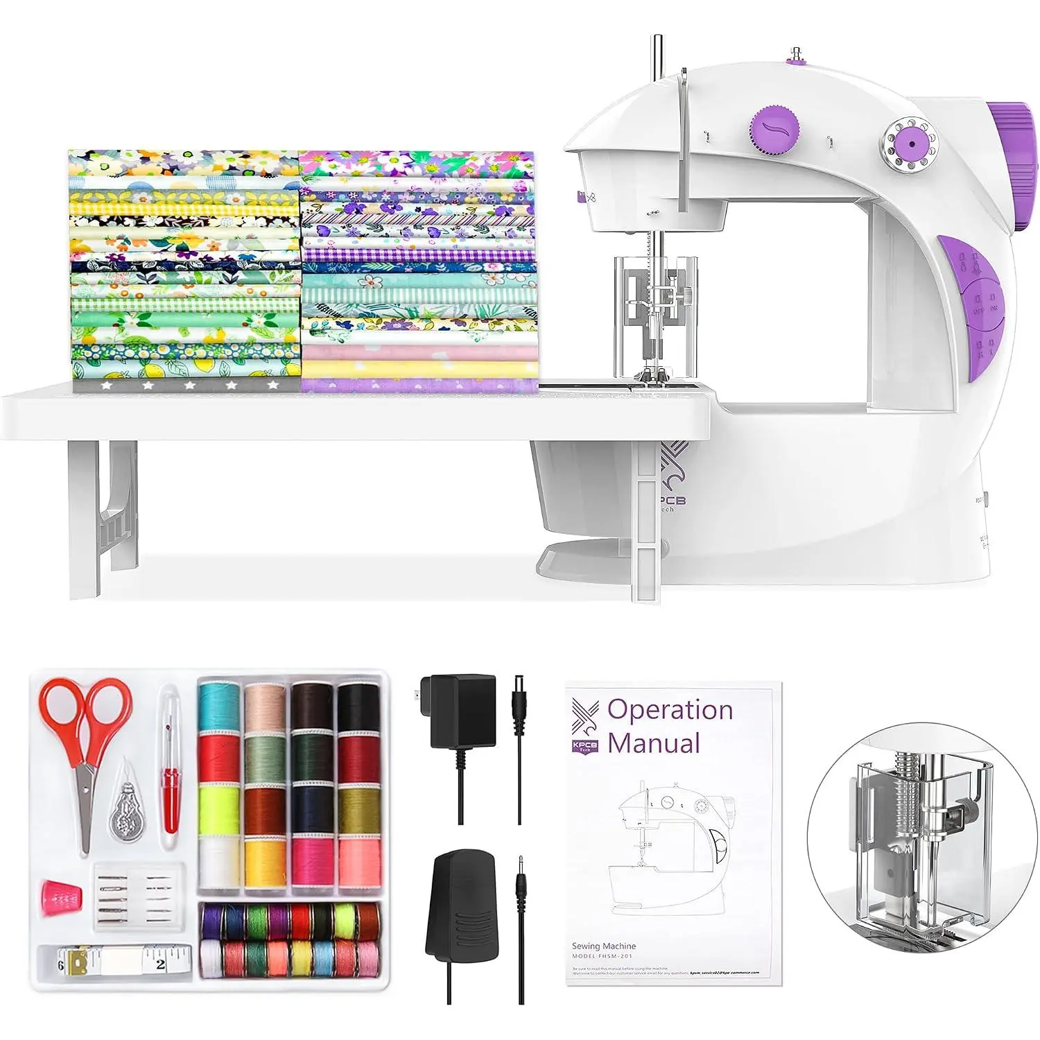 Mini Sewing Machine for Beginners with Finger Guard, 20-Piece Cotton Practice Fabric Set and 42-Piece Sewing Accessories Kit, Portable Dual-Speed Sewing Machine with Foot Pedal and Extension Table for DIY Crafts and Home Sewing