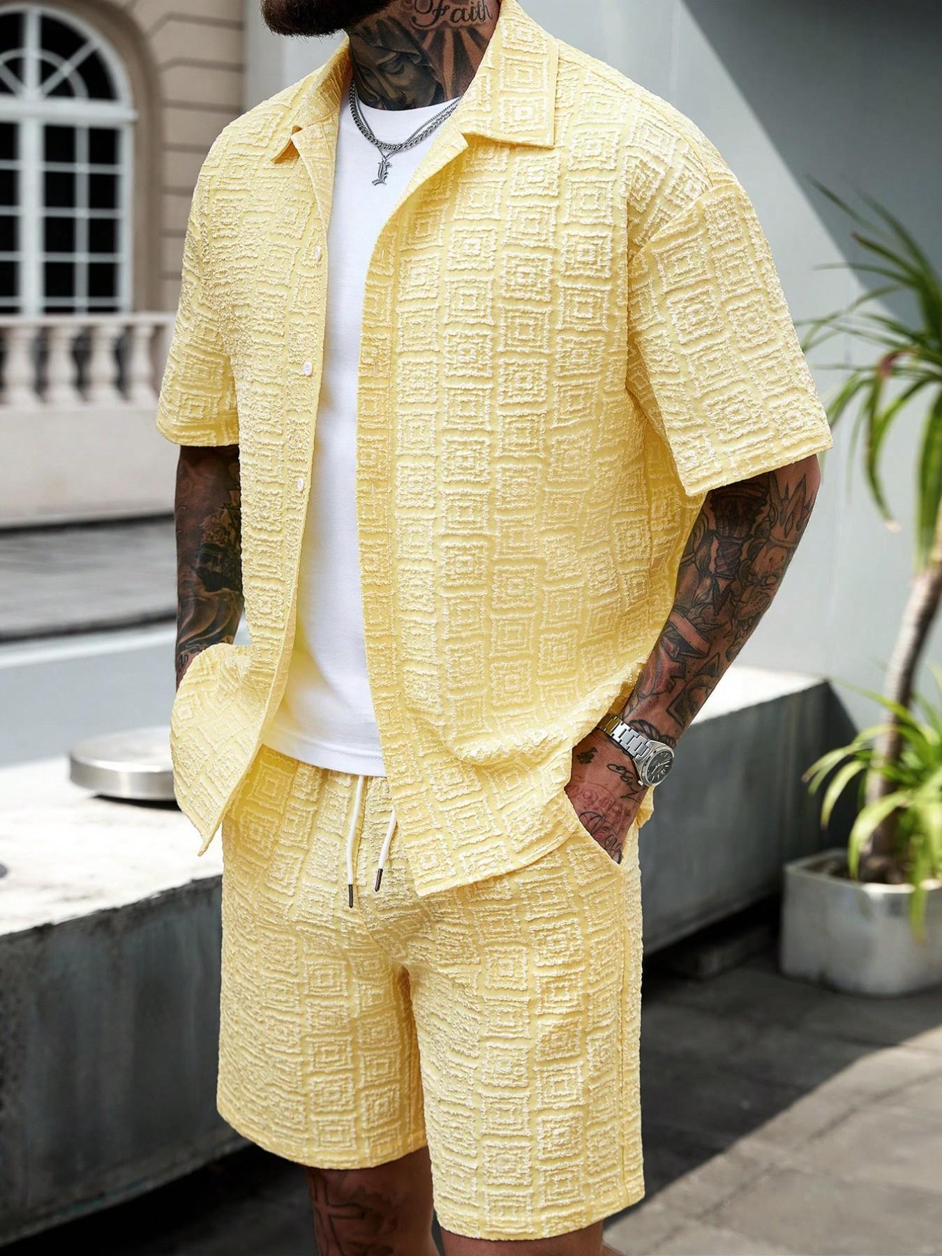 Men's Two-Piece Set Plain Short Sleeve Shirt and Shorts, Casual Button-Down Top and Shorts, for Summer Vacation and Beach