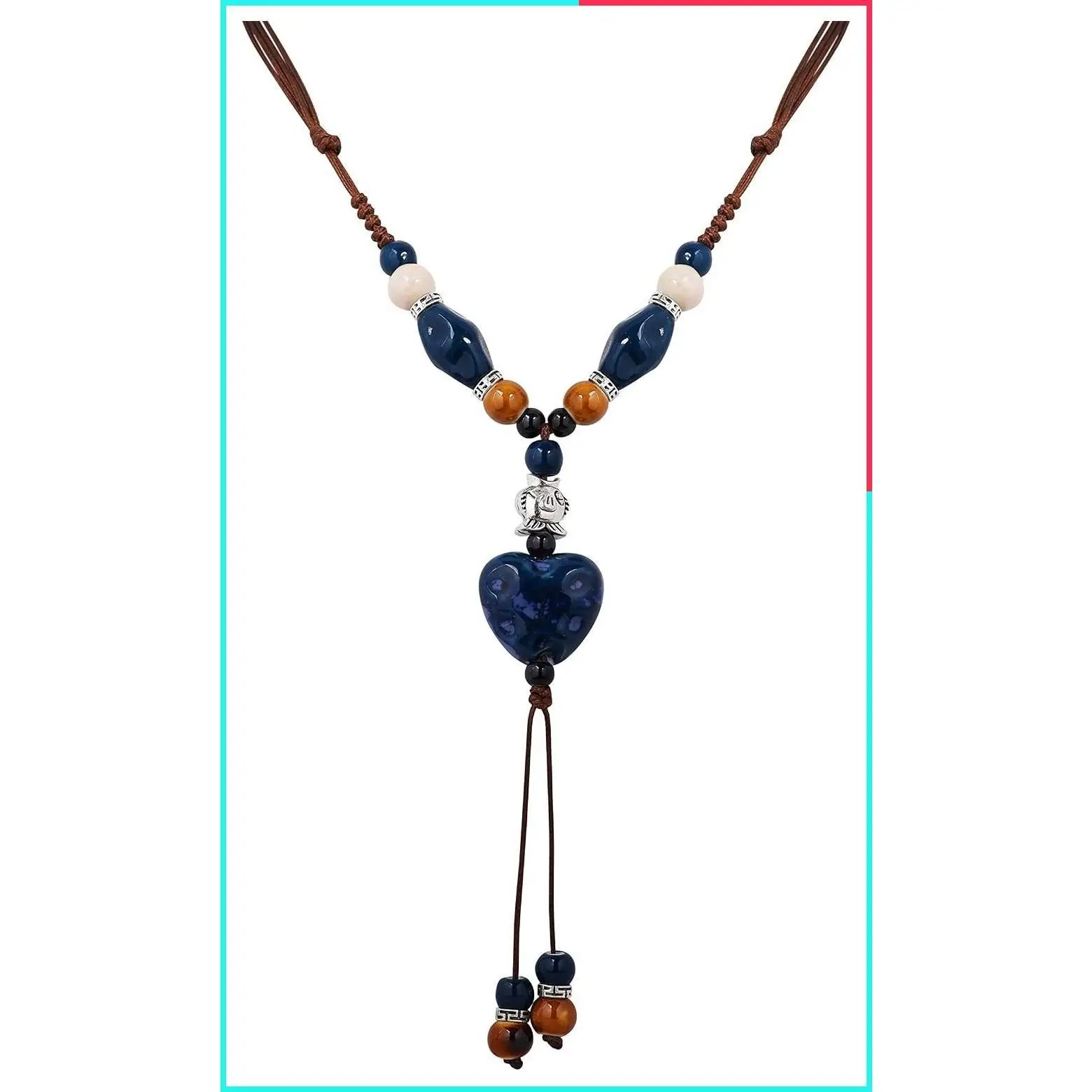 Colorful Ceramic Heart Bead Strand Necklace, Boho Summer Statement Jewelry Gift for Women