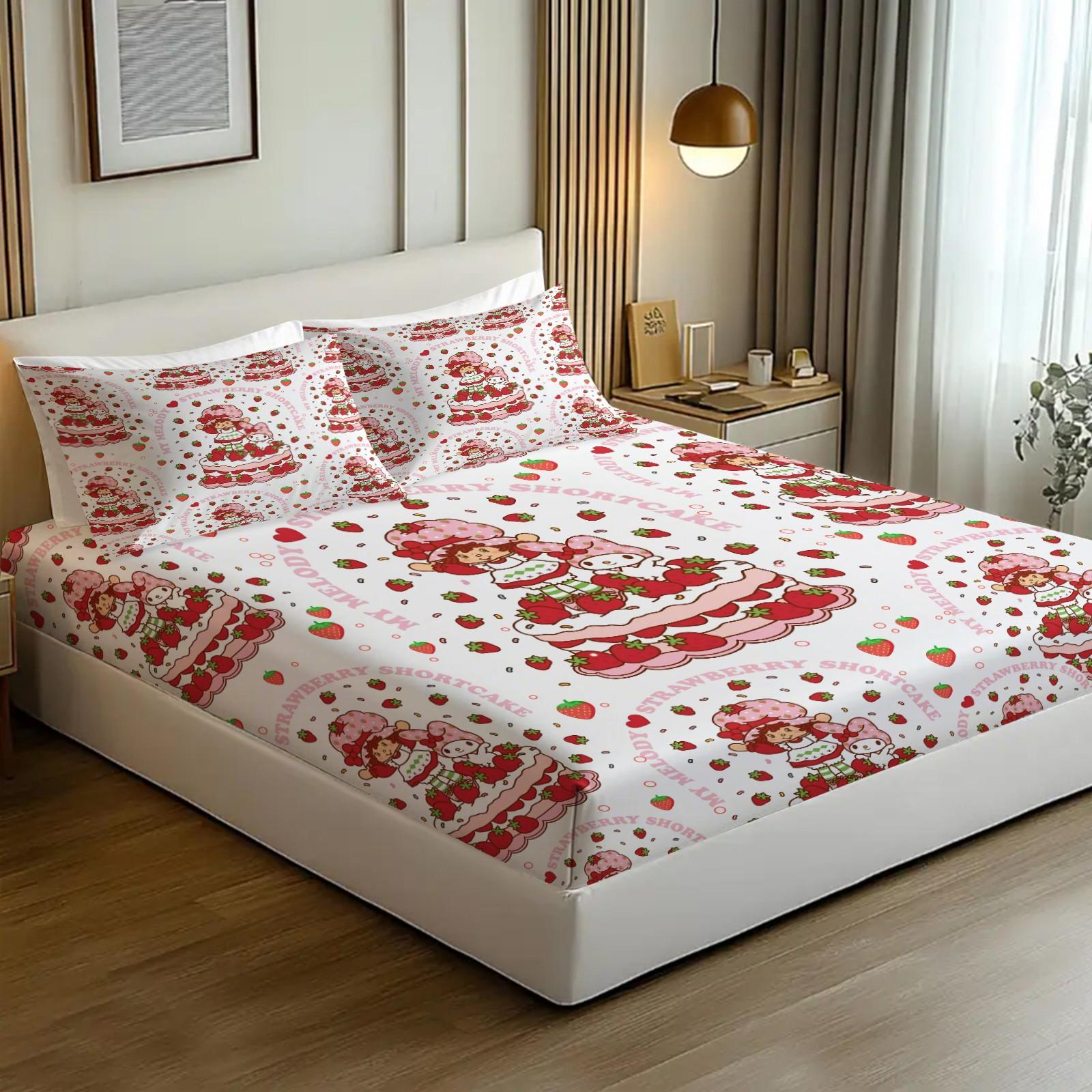 Strawberry Shortcake x My Melody Fitted Sheet Set, 1 Fitted Sheet + 2 Pillowcases - 3 Pcs Soft Bedding with Deep Pocket, 360° Full Coverage, Wrinkle Free, Cute Strawberry Cake Cartoon Bed Sheets for Girls, Full Size