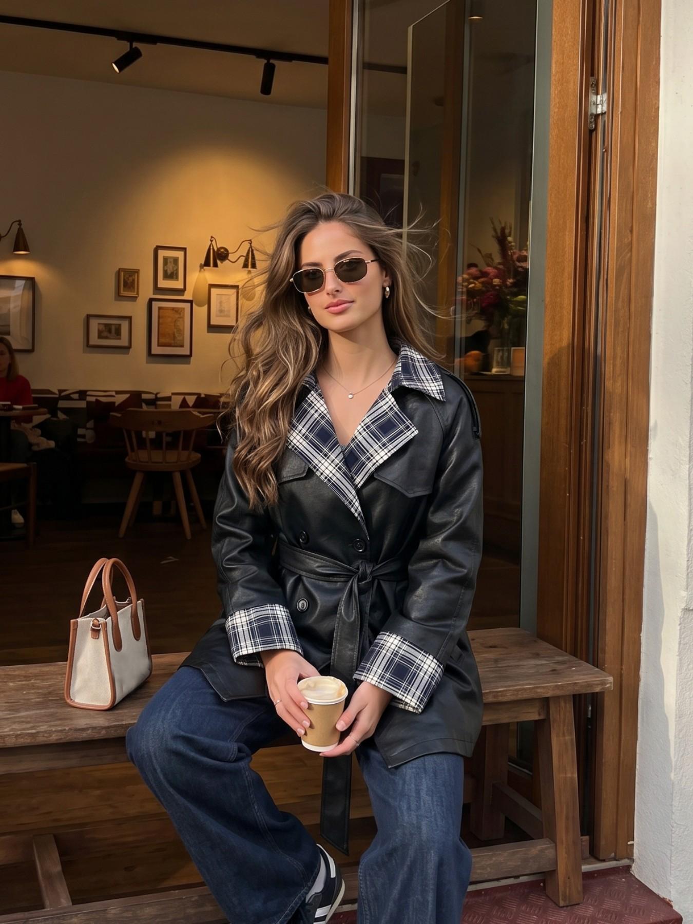 2026 Fall Winter New British Style Aesthetic Short Trench Coat for Women, Stand Collar Patchwork Plaid Fashion Loose Outerwear, Trendy Ladies Jacket