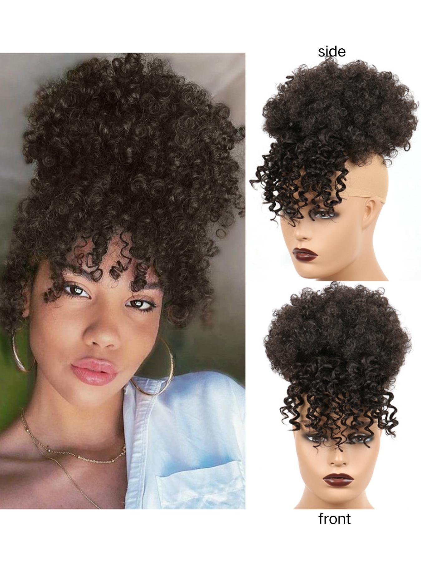 Women Drawstring Hair Bag, African Loose Curl Ponytail Extension, Bangs Flower Braid Style, High Crown Heat Resistant Fiber Wig Piece