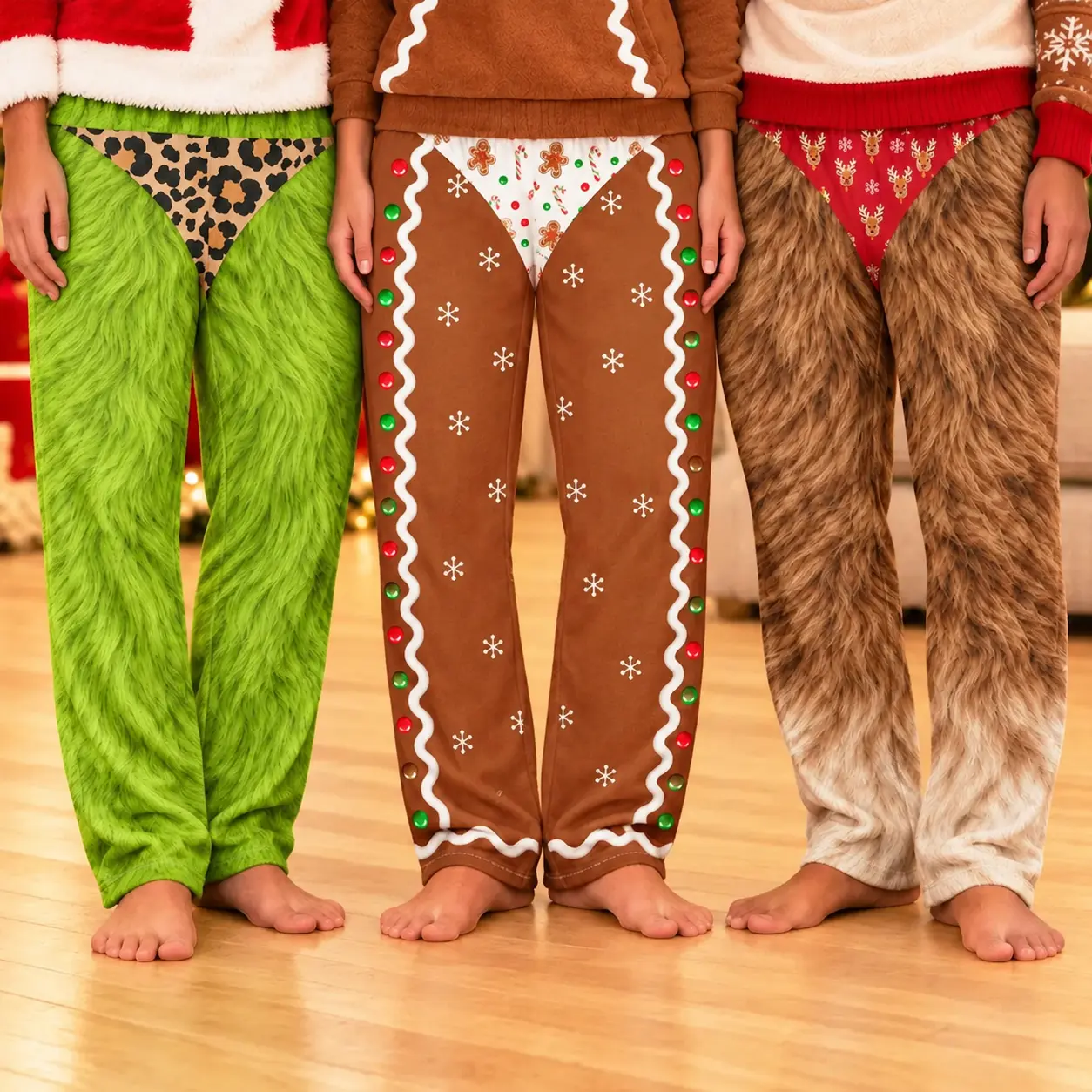 Funny Christmas Pajama Pants, Festive Green Monster Gingerbread Reindeer Print, Novelty Holiday Lounge Bottoms