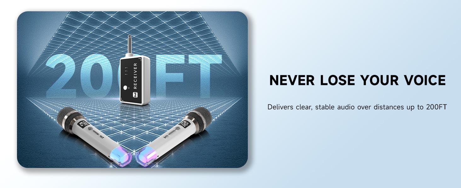 Wireless Microphones, Micorphone with One-to-One Chip Connection and LED Lights, 40H Duration, 200FT Range Receiving, Volume Control Karaoke Micorphone for Singing, Speech, Home Party, YouTube/Tiktok