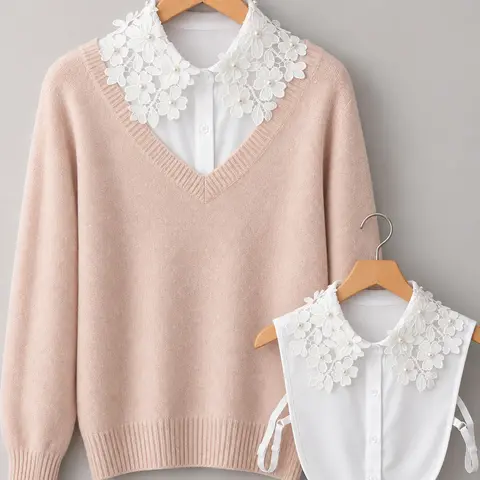 Women's Elegant & Lace Embroidered Detachable Collar, Floral Pattern, Beaded Decor, Versatile Accessory for Winter, Embroidery, Lace Trim Tie