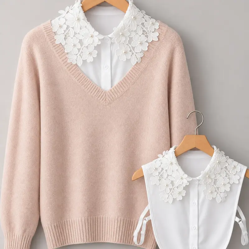 Women's Elegant & Lace Embroidered Detachable Collar, Floral Pattern, Beaded Decor, Versatile Accessory for Winter, Embroidery, Lace Trim Tie