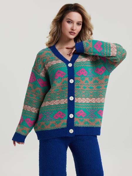 Two-picec  Women's Vintage Style Home Set, Knit Cardigan & Deep Blue Wide-Leg Pants, Pop Art Pattern, Thick Fabric, Fall Winter Boho Loose Fit