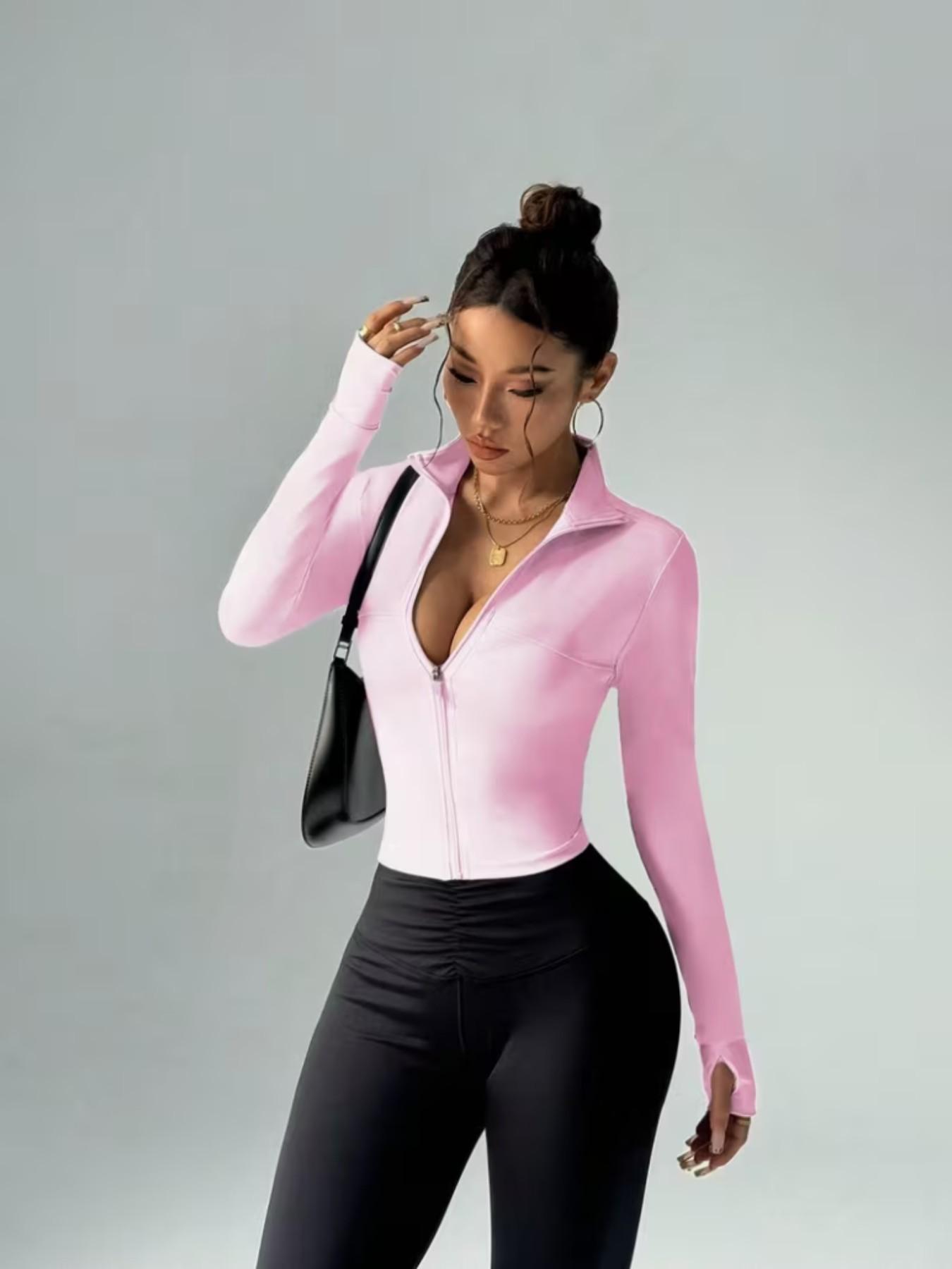 Women's Long Sleeve Sports Jacket, Full Zipper, Thumbholes, Stand Collar, Ideal for Running, Gym, Yoga, Outdoor Training, All Seasons, Workout Clothes Women