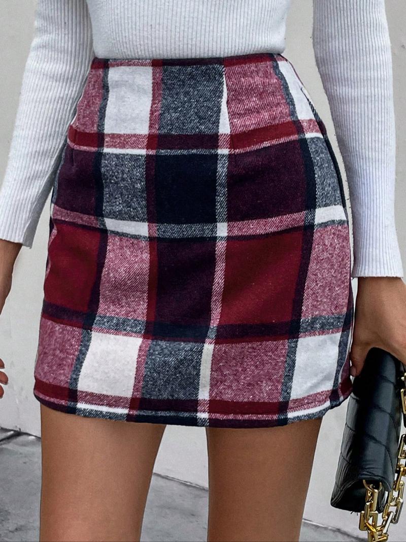 Women's Classic Plaid Woolen Mini Skirt, Spring & Fall High Waist Bodycon Dress, Valentine's Day, Elegant Style