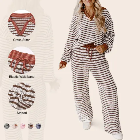 Imily Bela Women's Comfortable Striped Two-Piece Loungewear Set – Loose V-Neck Pullover and Drawstring Wide-Leg Pants; Stylish Autumn Outfit