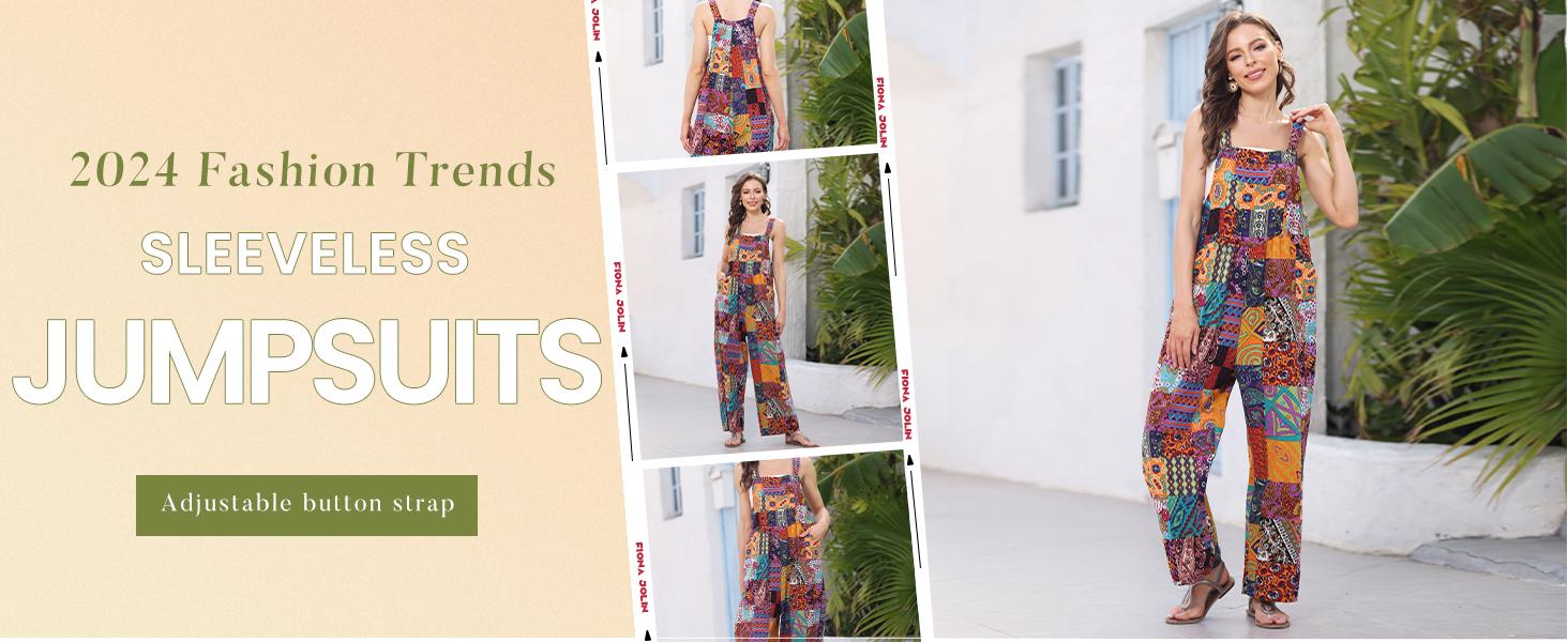 Yeokou Women's Patchwork Dual Pocket Jumpsuit Loose Floral Print Bohemian Wide Leg Bib Overall