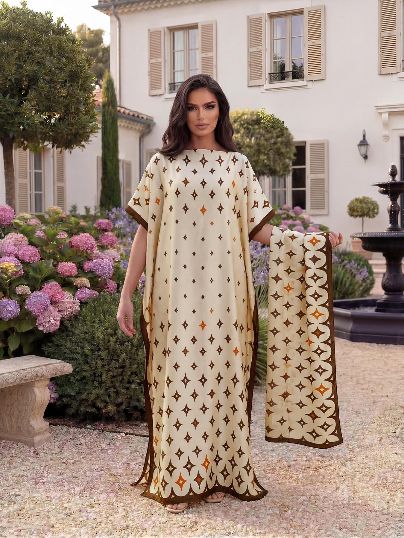 Elegant Geometric Print Shawl Set, Fitted Long Robe with Headscarf, Sun Protection Silk Scarf, Beachwear for Women, All Seasons, Swimsuit Coverup, Beach Cover Ups, Swimwear Cover Up