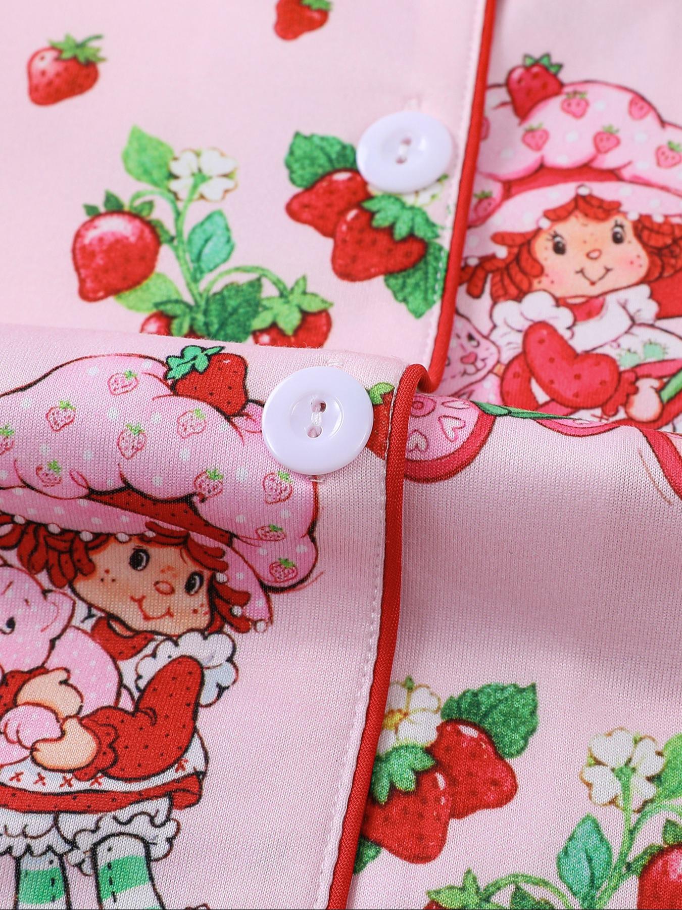 Women's Strawberry Pattern Print Sleepwear Set, Long-Sleeve Button-Up Top & Elastic-Waist Pants, Casual Fall Winter Pajamas, Comfortable Home Wear