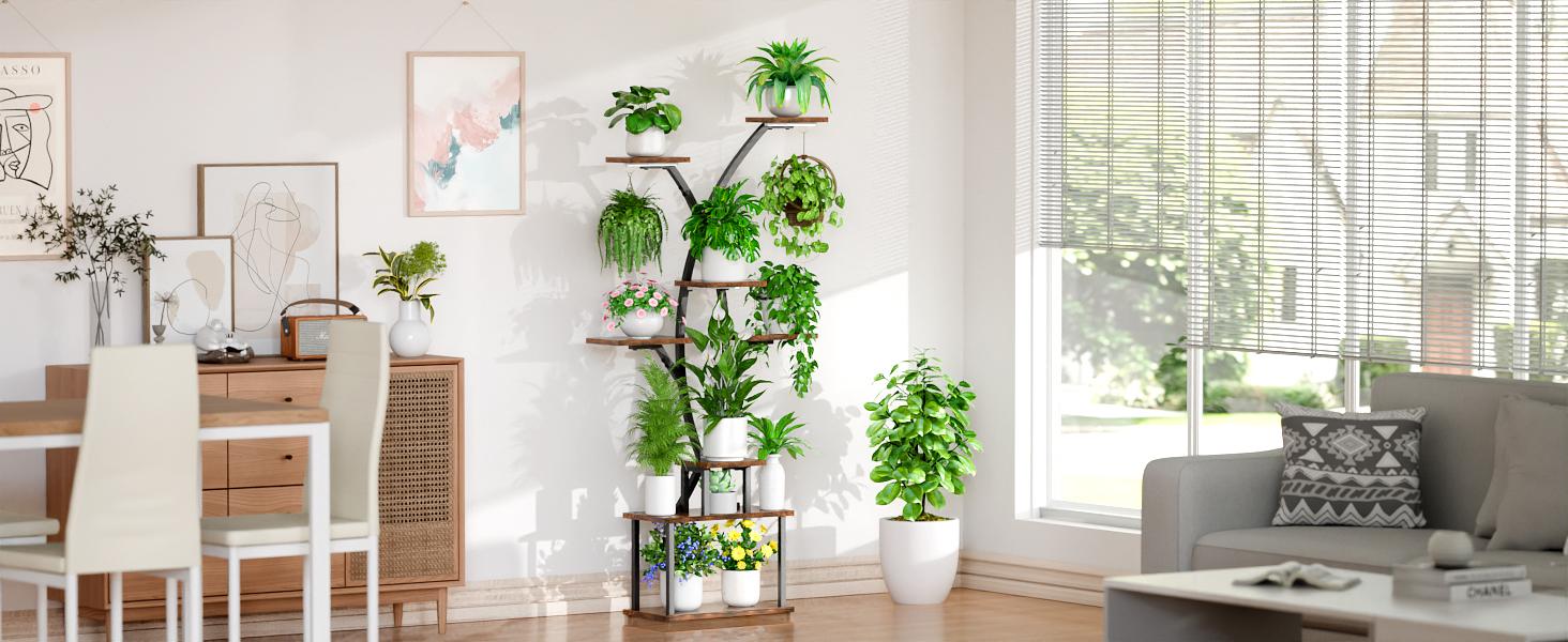 63" Metal 7 Tiered Plant Stand with Grow Lights, Tall Plant Display Rack Organiser for Hanging Plants, Large Plant Flower Holder Shelf for Indoor & Outdoor Nature-Decor