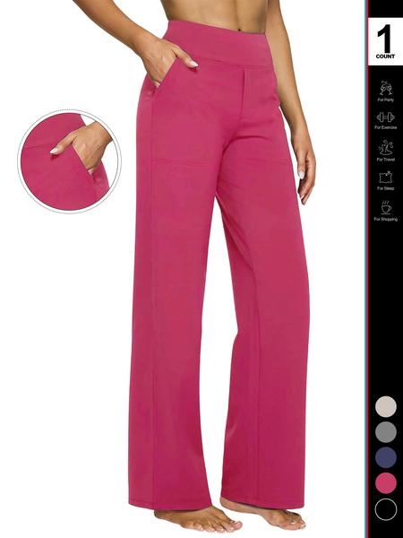 Women's High Waist Yoga Pants with Pockets, Fitted Wide Leg Sportswear, Casual Elastic Dress Pants for All Seasons  Yoga Pants Women Wide Leg Activewear Pants with Pockets High Waist Stretch Dress Casual Sweatpants Breathable Activewear Bottoms