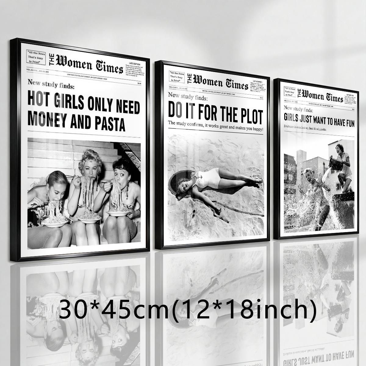 3 Counts Aluminum Alloy Framed Painting, Vintage Women Newspaper Poster Set, Home Decoration For Living Room, Bedroom, Office, Restaurant, Hallway Wall Decor, Odorless Print Artwork, Luxury Perfect Gift For Friends And Family