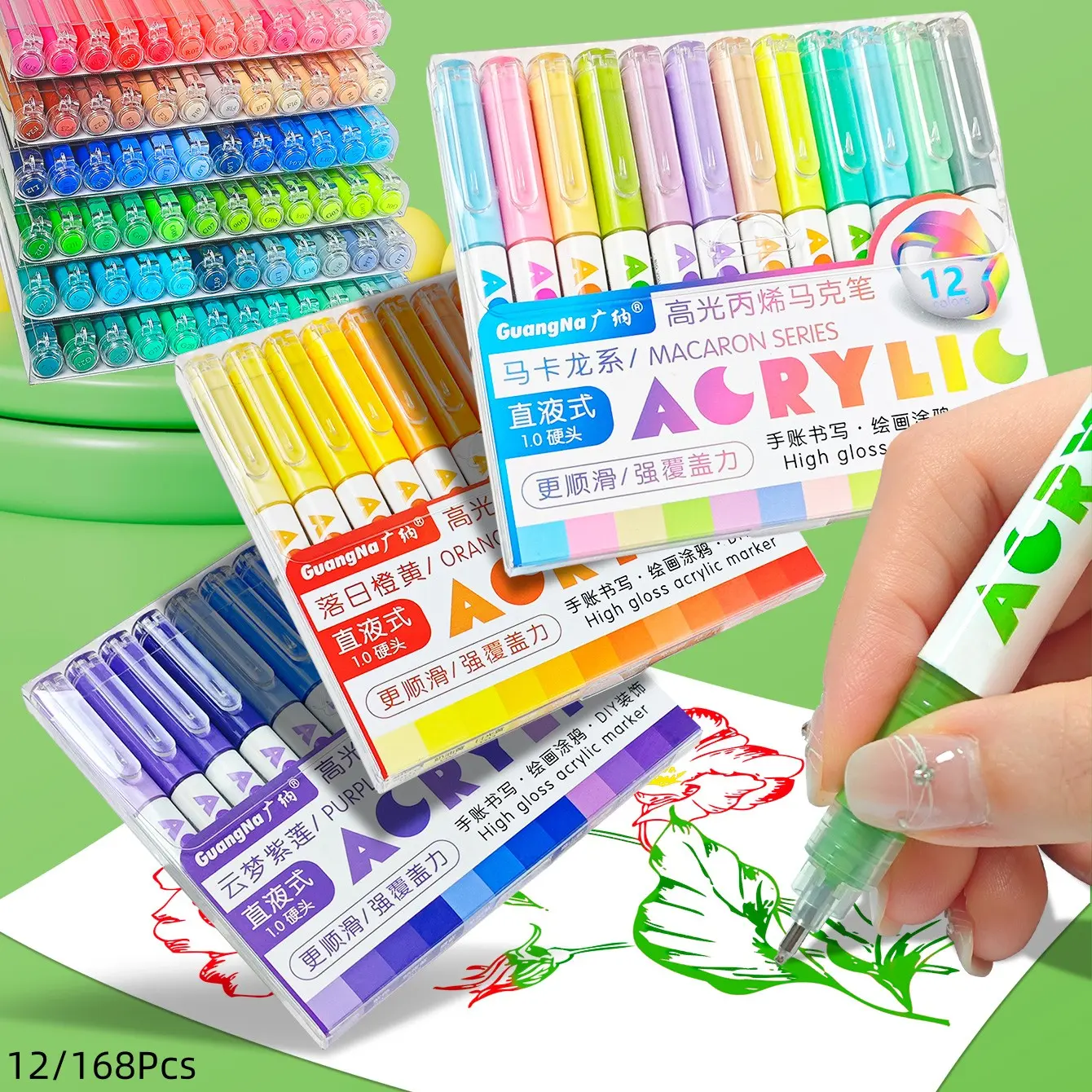 GuangNa High Gloss Acrylic Markers,1mm  Bullet Nib Acrylic Paint Pens,Bright Colors,Big Capacity ink,Wide Range of Uses,For Rock Painting, Canvas, Wood, Glass, Ceramic, Fabric, Plastic, Egg,Gift For Back To School