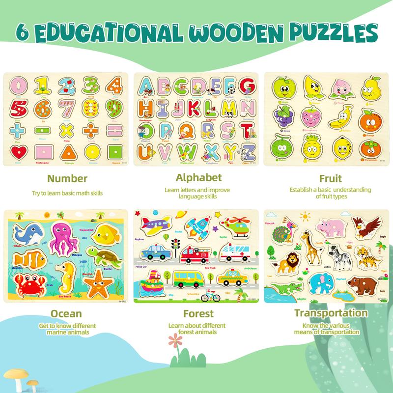 edutree Wooden Peg Puzzles for Toddlers 1 2 3 4, 6 Pack Educational Peg Puzzles Montessori Toys, Learning Puzzles for Kids Girs Boys with Alphabet Number Animal Vehicle Shape, Halloween gift